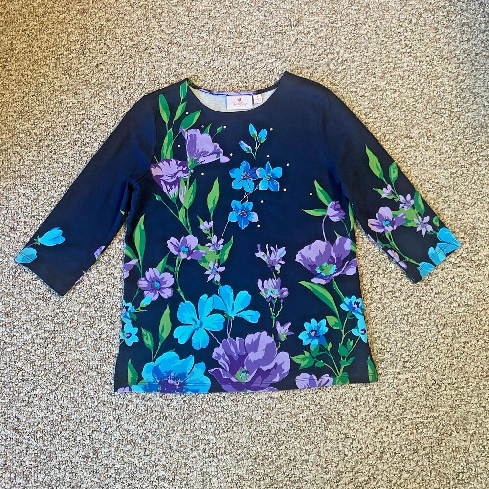 Quacker Factory Women Top Size S Navy Blue Floral Rhinestone 3/4 Sleeve Boatneck